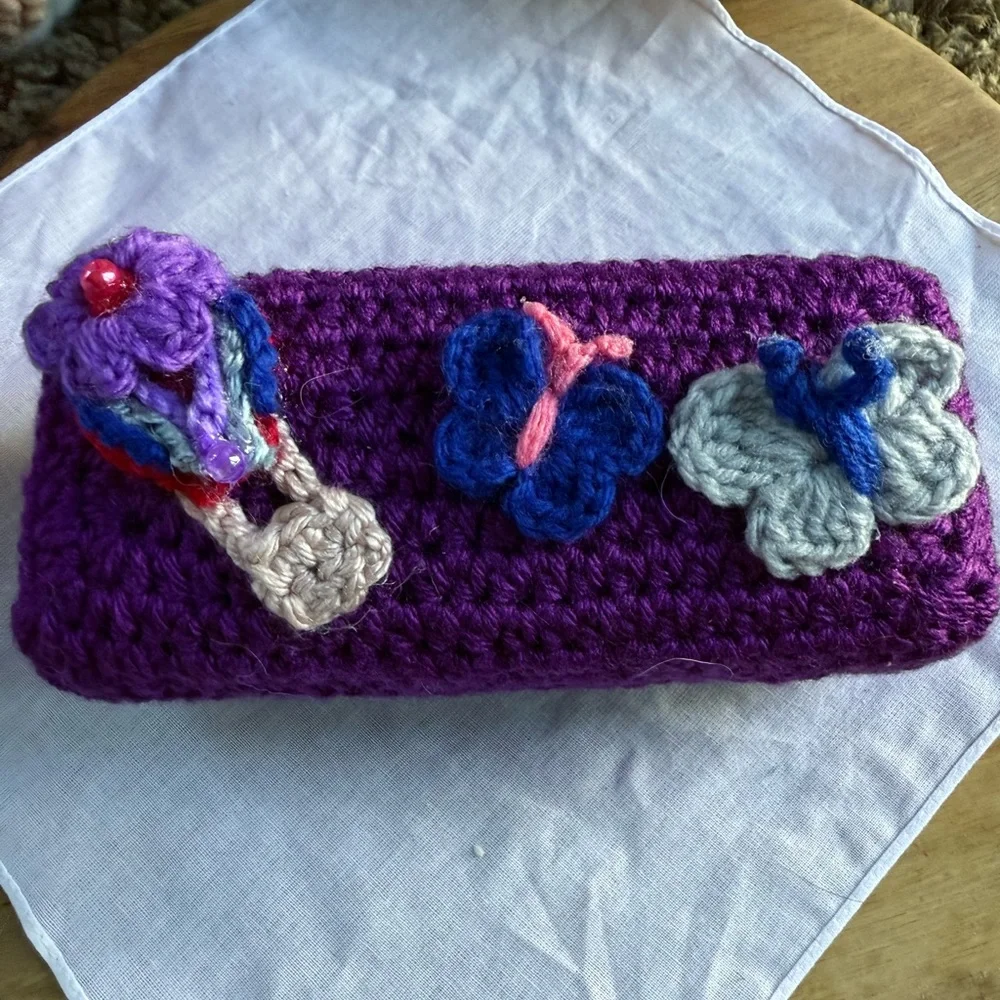 Purple Crochet eyeglass holder with Butterfly Designs